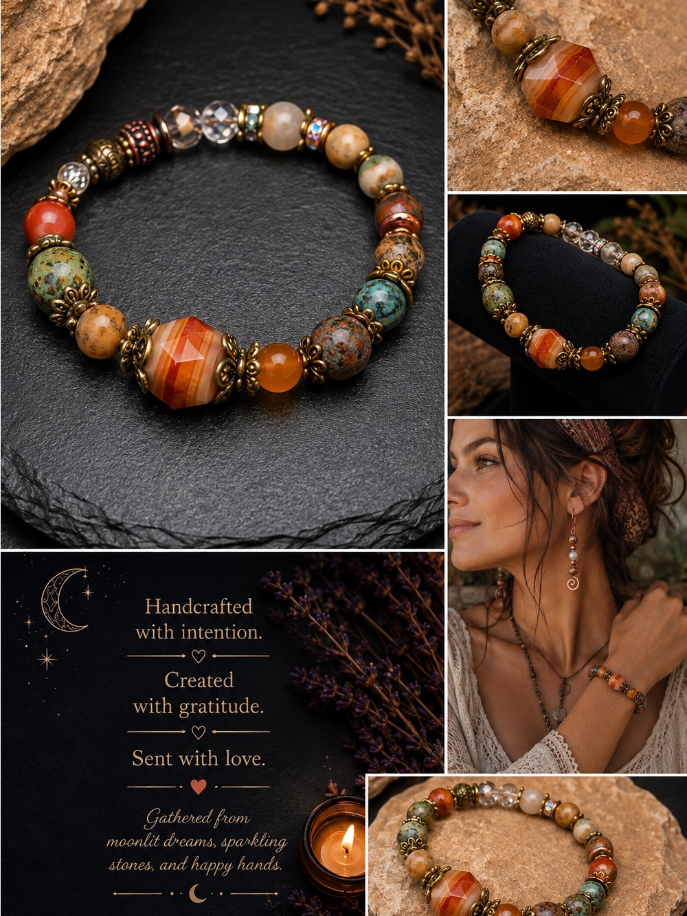 Southwest Boho Gemstone Stretch Bracelet | Mixed Metals | One of a Kind